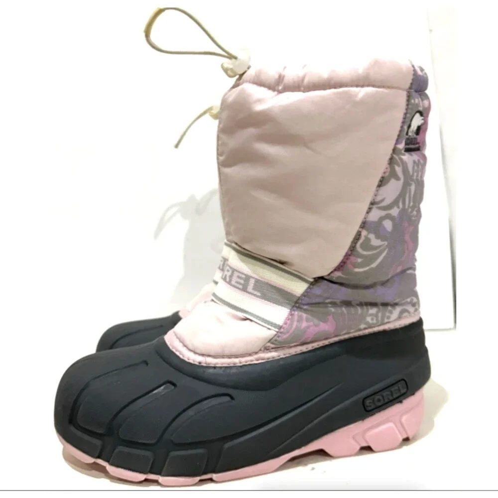Sorel Girls 6Y Snow Boots Pink Floral Waterproof Winter Rubber Insulated Boot